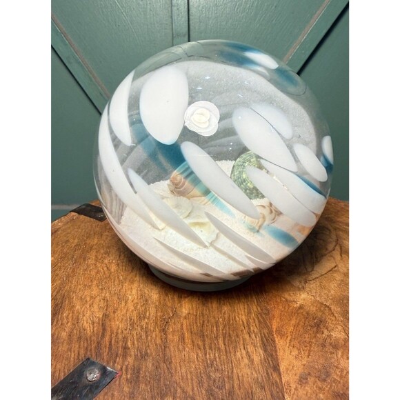 Blown Glass Sea Globe With Sand & Seashells Blue, White, Jade Turbo Shell Beach - Picture 3 of 5